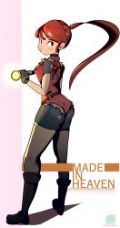Rule 34 | 1girl, absurdres, ass, boots, breasts, brown hair, capcom, claire redfield, flashlight, full body, highres, legs, looking to the side, ponytail, resident evil, resident evil 2, shorts, sidelocks, solo, standing, thighs