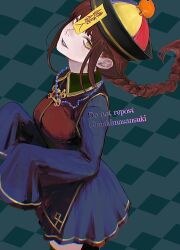 Rule 34 | 1girl, bead necklace, beads, braid, braided ponytail, chainsaw man, checkered background, floating hair, hat, jewelry, jiangshi costume, kamo (kamonegioisi), looking at viewer, makima (chainsaw man), medium hair, necklace, ofuda, parted lips, pochita (chainsaw man), qingdai guanmao, red hair, ringed eyes, sidelocks, sideways glance, sleeves past fingers, sleeves past wrists, smile, solo, twitter username, yellow eyes