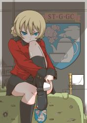 Rule 34 | 1girl, :t, black footwear, black skirt, blonde hair, blue eyes, blush, boots, braid, churchill (tank), closed mouth, commentary, cup, darjeeling (girls und panzer), emblem, epaulettes, flag, frown, girls und panzer, glaring, holding, holding cup, hugging own legs, jacket, long sleeves, looking at viewer, military, military uniform, military vehicle, miniskirt, motor vehicle, on vehicle, pleated skirt, pout, red jacket, short hair, sitting, skirt, solo, st. gloriana&#039;s (emblem), st. gloriana&#039;s military uniform, tank, teacup, twin braids, uniform, white flag, zannen na hito