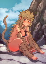 Rule 34 | 1girl, barefoot, between legs, blush, breasts, brown eyes, chikuwa udon, closed mouth, cloud, day, feet, frown, full body, fur, hand between legs, head tilt, medium breasts, monkey girl, monkey tail, monster girl, nipples, original, outdoors, outstretched arms, pointy ears, rock, sitting, sky, solo, tail, topfreedom, topless