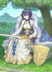 Rule 34 | 1girl, ahoge, armor, armored dress, artist name, bare shoulders, belt, bench, blue eyes, blue hair, breastplate, breasts, commission, day, detached sleeves, dress, fire emblem, fire emblem awakening, forest, full body, gofelem, grass, hair between eyes, hand tattoo, highres, holding, holding sword, holding weapon, looking at viewer, medium breasts, morgan (female) (fire emblem), morgan (fire emblem), mountain, nature, nintendo, on bench, open mouth, outdoors, see-through, see-through sleeves, shield, short hair, sitting, solo, sword, tattoo, teeth, tongue, tree, watermark, weapon