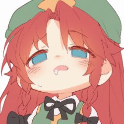 Rule 34 | 1girl, black bow, blue eyes, bow, braid, collared shirt, drooling, green headwear, green tabard, hair bow, hong meiling, liangyilin, long hair, looking at viewer, parted bangs, red hair, shirt, simple background, solo, star (symbol), tabard, touhou, twin braids, upper body, white background, white shirt