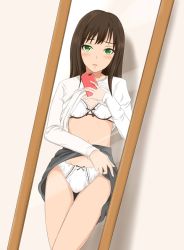 Rule 34 | 10s, 1girl, blush, bow, bow bra, bow panties, bra, breasts, brown hair, cellphone, clothes lift, dutch angle, green eyes, grey skirt, highres, holding, idolmaster, idolmaster cinderella girls, lace, lace-trimmed bra, lace trim, long hair, long sleeves, looking at viewer, mirror, panties, parted lips, phone, selfie, shibuya rin, shirt, shirt lift, skirt, skirt lift, small breasts, smartphone, solo, sora (centersky), standing, thigh gap, underwear, white shirt