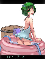 Rule 34 | 1girl, ass, back, bucket, from behind, green eyes, green hair, hair bobbles, hair ornament, highres, hose, kisume, looking back, matching hair/eyes, namauni, open mouth, solo, sweatdrop, swimsuit, touhou