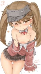 Rule 34 | 1girl, blush, breasts, brown eyes, brown hair, cleft of venus, downblouse, earrings, hair between eyes, hair ornament, heart, highres, jewelry, kantai collection, long hair, looking at viewer, miniskirt, nipples, no bra, no panties, okiraku nikku, one-hour drawing challenge, pussy, ryuujou (kancolle), shirt, simple background, skirt, small breasts, solo, twintails, uncensored, underwear, undressing, white background