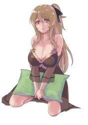 Rule 34 | 1girl, assault lily, bare shoulders, black ribbon, breasts, chemise, cleavage, closed mouth, collarbone, commentary request, full body, hair between eyes, hair ribbon, heterochromia, highres, holding, holding pillow, kneeling, kuo shenlin, large breasts, light brown hair, light smile, long hair, looking at viewer, off shoulder, official alternate costume, one side up, own hands together, pillow, red eyes, ribbon, see-through, see-through sleeves, short sleeves, sidelocks, simple background, solo, spaghetti strap, su (sconbuoishi), v arms, white background, wide sleeves, yellow eyes
