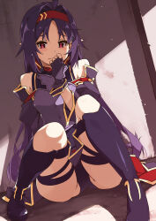 Rule 34 | 1girl, armor, bare shoulders, breastplate, closed mouth, fingerless gloves, gloves, hairband, highres, long hair, looking at viewer, parted bangs, pointy ears, purple gloves, purple hair, red eyes, red hairband, shikei, sitting, solo, sword art online, very long hair, yuuki (sao)