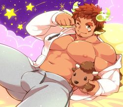 Rule 34 | 1boy, animal ears, aopanda, bara, bare pectorals, blush, brown eyes, brown hair, bulge, casual, cow boy, cow ears, cow horns, dark-skinned male, dark skin, doll, facial hair, fiery horns, forked eyebrows, glowing horns, goatee, grey pants, holding, holding doll, hood, hooded jacket, horns, jacket, large pectorals, looking at viewer, male focus, muscular, muscular male, navel, nipples, official alternate costume, one eye closed, open clothes, open jacket, pants, pectorals, plump, short hair, single bare shoulder, solo, spiked hair, spread legs, stomach, stuffed animal, stuffed toy, thick eyebrows, thick thighs, thighs, tokyo houkago summoners, wakan tanka, white jacket