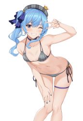 Rule 34 | 1girl, beret, bikini, blue eyes, blue hair, blush, breasts, hair between eyes, hat, highres, hololive, hoshimachi suisei, hoshimachi suisei (1st costume), long hair, looking at viewer, nail polish, navel, ribbon, side ponytail, small breasts, smile, solo, star (symbol), star in eye, swimsuit, symbol in eye, terry (pixiv3274443), virtual youtuber