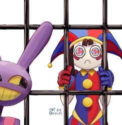 Rule 34 | 1boy, 1girl, animal ears, asymmetrical gloves, bars, blue gloves, blush, brown hair, daizusii, drawing, frown, glitch productions, gloves, grin, hat, highres, holding bars, ibispaint (medium), iron bars, jax (the amazing digital circus), jester, jester cap, looking at viewer, medium hair, mismatched gloves, multicolored clothes, multicolored eyes, pomni (the amazing digital circus), rabbit boy, rabbit ears, red gloves, smile, the amazing digital circus, tumblr username