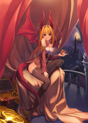 Rule 34 | 1girl, absurdres, bad id, bad pixiv id, balcony, bare shoulders, blonde hair, breasts, castle, cleavage, coin, curtains, dragon, dragon girl, dragon horns, dragon tail, dragon wings, dress, full body, gem, gold, highres, horns, jewelry, unworn jewelry, long hair, long legs, looking at viewer, mil-yu, moon, necklace, unworn necklace, original, red eyes, sitting, solo, tail, thighhighs, tower, treasure, treasure chest, wings