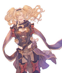 Rule 34 | 1girl, :d, arms behind back, belt, black hairband, black scarf, black vest, blonde hair, braid, breasts, brown belt, brown leotard, cleavage, dutch angle, closed eyes, facing viewer, floating hair, granblue fantasy, grey pants, hair intakes, hairband, highres, large breasts, leotard, long hair, open clothes, open mouth, open vest, pants, scarf, shimatani azu, simple background, sketch, smile, solo, standing, vest, white background, zeta (granblue fantasy)