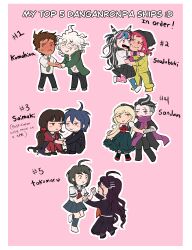 5boys 5girls absurdres ahoge bandaged_arm bandages black_bow black_hair black_hat black_jacket black_pants black_sailor_collar black_skirt blonde_hair blue_hair blue_thighhighs blush border bow bowtie chibi closed_mouth collared_shirt cosmo_(unifycurlyfry) danganronpa_(series) danganronpa_2:_goodbye_despair danganronpa_another_episode:_ultra_despair_girls danganronpa_v3:_killing_harmony ear_piercing english_text eye_contact fang frown fukawa_toko full-face_blush green_jacket green_necktie grey_hair hair_bow hair_ornament hairclip harukawa_maki hat hetero highres hinata_hajime holding_hands hug jacket komaeda_nagito looking_at_another mioda_ibuki multicolored_hair multiple_boys multiple_girls naegi_komaru neckerchief necktie open_clothes open_jacket pants piercing pink_background pink_hair pink_neckerchief pink_scarf pink_thighhighs pleated_skirt print_shirt red_bow red_bowtie red_shirt red_thighhighs saihara_shuichi sailor_collar scarf school_uniform shirt short_sleeves sitting skirt smile soda_kazuichi sonia_nevermind striped_clothes striped_jacket striped_pants sweat tanaka_gundham thighhighs two-tone_hair white_border white_hair white_shirt yaoi yellow_jacket yellow_pants yuri