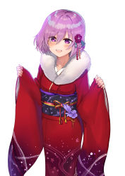 Rule 34 | 1girl, absurdres, alternate costume, ayul (ayulneri 92), bad id, bad pixiv id, blush, fate/grand order, fate (series), fur trim, hair between eyes, hair ornament, highres, japanese clothes, kimono, long sleeves, looking at viewer, mash kyrielight, obi, open mouth, purple eyes, purple hair, red kimono, sash, short hair, simple background, sleeves past wrists, smile, solo, white background, wide sleeves