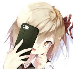Rule 34 | 1girl, blonde hair, bow, cellphone, collared shirt, dress shirt, gorilla (bun0615), hair bow, hand on own cheek, hand on own face, highres, holding, holding phone, index finger raised, iphone, necktie, phone, portrait, red bow, red necktie, rumia, shadow, shirt, short hair, simple background, smartphone, solo, touhou, vest, white background, yellow eyes