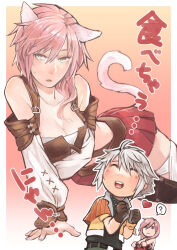Rule 34 | 1boy, 1girl, ?, age difference, alternate costume, animal ears, arm support, blue eyes, blush, breasts, brown gloves, cat ears, cat tail, chibi, cleavage, closed eyes, closed mouth, collarbone, detached sleeves, expressionless, feet out of frame, final fantasy, final fantasy xiii, gloves, gradient background, grey hair, hair between eyes, heart, hope estheim, lightning farron, long sleeves, lying, medium breasts, medium hair, on side, open mouth, pink eyes, pleated skirt, red skirt, sidelocks, skirt, spoken question mark, sweatdrop, tail, toyiga, translation request