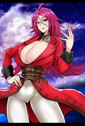 Rule 34 | 10s, 1girl, ahoge, blue eyes, blush, breasts, choker, cleavage, coat, cowboy shot, fate/extra, fate (series), francis drake (fate), hand on own hip, highres, large breasts, letterboxed, long hair, looking at viewer, open mouth, pants, pantyhose, pink hair, scar, smile, solo
