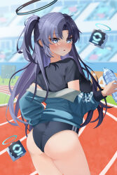 Rule 34 | 1girl, :o, absurdres, ass, black buruma, black shirt, blue archive, blue eyes, blue hair, blush, bottle, breasts, buruma, commentary request, day, double vertical stripe, drone, gym shirt, gym uniform, halo, highres, holding, holding bottle, jacket, looking at viewer, mechanical halo, medium breasts, official alternate costume, open mouth, outdoors, parted bangs, shirt, short sleeves, solo, syuma, t-shirt, thighs, track and field, track jacket, two side up, water bottle, yuuka (blue archive), yuuka (track) (blue archive)