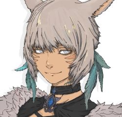 Rule 34 | 1girl, animal ears, blue eyes, bright pupils, brooch, cat ears, choker, closed mouth, facial mark, feather hair ornament, feathers, final fantasy, final fantasy xiv, fur trim, grey hair, hair ornament, jewelry, lips, looking at viewer, miqo&#039;te, portrait, short hair, smile, solo, tan, tumubar117, whisker markings, white pupils, y&#039;shtola rhul