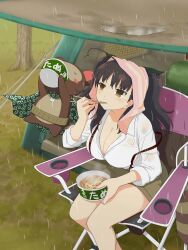 1girl ahoge animal belt blush bowl breasts brown_eyes brown_hair camping camping_chair cape casual chopsticks cleavage cup_ramen eating food grass green_cape hair_ornament heart heart_ahoge highres holding holding_bowl holding_chopsticks instant_ramen large_breasts leaf leaf_hair_ornament looking_ahead misato_(senran_kagura) noodles official_art outdoors plant pontarou_(senran_kagura) raccoon raccoon_tail rain ramen senran_kagura senran_kagura_new_wave shirt short_shorts shorts slurping solo suspender_shorts suspenders tail tanuki tent tree twintails wet white_shirt yaegashi_nan