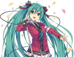 Rule 34 | 1girl, :d, album cover, alternate costume, aqua eyes, aqua hair, cable, cover, hair ribbon, hatsune miku, long hair, looking at viewer, microphone, microphone stand, natsu natsuna, necktie, open mouth, ribbon, school uniform, smile, solo, twintails, very long hair, vocaloid, white background