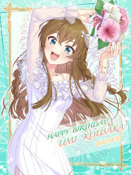 Rule 34 | 1girl, 2023, :d, absurdres, blue eyes, bouquet, bracelet, braid, brown hair, character name, collarbone, dated, dress, floating hair, flower, framed, hair between eyes, hair ribbon, happy birthday, head tilt, hibiscus, highres, holding, holding bouquet, idolmaster, idolmaster million live!, idolmaster million live! theater days, jewelry, kousaka umi, long hair, long sleeves, looking at viewer, nail polish, necklace, open mouth, pink flower, red nails, red ribbon, ribbon, see-through, see-through sleeves, shiro (ongrokm), short dress, smile, solo, sparkle, white dress, white flower, white ribbon