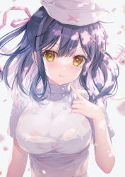 Rule 34 | 1girl, :q, black hair, blush, breasts, closed mouth, commentary request, dress, grey background, hair between eyes, hair ornament, hair ribbon, hairclip, hand up, hat, highres, large breasts, long hair, md5 mismatch, nurse, nurse cap, original, petals, pink ribbon, resolution mismatch, ribbon, short sleeves, smile, solo, source larger, sousouman, tongue, tongue out, upper body, white dress, white hat, x hair ornament