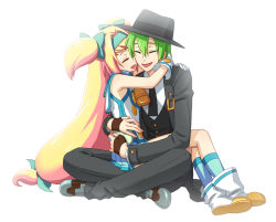 Rule 34 | 1boy, 1girl, arc system works, arin66, bad id, bad pixiv id, bell, blazblue, blazblue: continuum shift, blonde hair, boots, bow, closed eyes, formal, green hair, hair bow, hairband, happy, hat, hazama, hetero, hug, long hair, low-tied long hair, pants, platinum the trinity, quad tails, shoes, short hair, simple background, sitting, sitting on lap, sitting on person, smile, white background