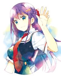 Rule 34 | 1girl, arm up, blue eyes, blue vest, bow, braid, breasts, collared shirt, commentary request, cropped torso, fingernails, fukami rena, grisaia (series), grisaia phantom trigger, hair between eyes, hair bow, hair ornament, large breasts, long hair, meito (maze), necktie, purple hair, red bow, red necktie, sailor collar, school uniform, serafuku, shirt, short sleeves, solo, upper body, very long hair, vest, white sailor collar, white shirt