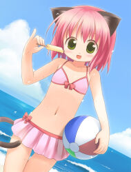 Rule 34 | 1girl, :d, animal ears, ball, beach, beachball, bikini, bikini skirt, blue sky, blush, bow, cat ears, cat girl, cat tail, cloud, commentary request, cowboy shot, day, dutch angle, emurin, flat chest, food, green eyes, happy, holding, holding ball, holding beachball, horizon, looking at viewer, midriff, navel, ocean, open mouth, original, outdoors, pink bikini, pink bow, pink hair, pinky out, popsicle, short hair, sky, smile, solo, swimsuit, tail, thigh gap, water