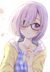 Rule 34 | 1girl, black-framed eyewear, blue dress, blush, cherry blossoms, closed mouth, collarbone, dress, fate/grand order, fate (series), glasses, hair over one eye, holding, hood, hoodie, looking at viewer, mash kyrielight, mash kyrielight (senpai killer outfit), official alternate costume, open clothes, open hoodie, petals, plaid, plaid dress, purple eyes, purple hair, short hair, smile, solo, ueno tomo, upper body
