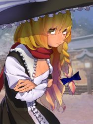 Rule 34 | 1girl, arms under breasts, black skirt, blonde hair, blue bow, blush, bow, braid, breasts, brown hair, center frills, cleavage, closed mouth, commentary request, cookie (touhou), cowboy shot, frilled hat, frills, hair between eyes, hair bow, hat, highres, juliet sleeves, kirisame marisa, koiso usu, long hair, long sleeves, looking at viewer, mars (cookie), medium breasts, photo background, puffy sleeves, red scarf, scarf, shrine, side braid, single braid, skirt, snowing, solo, touhou, witch hat
