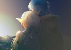 Rule 34 | 1boy, 1girl, blue hair, cape, capelet, chamwa, commentary, dawn, earrings, elf, english commentary, frieren, himmel (sousou no frieren), horizon, jewelry, light particles, long hair, pointy ears, short hair, sousou no frieren, sunrise, twintails, upper body, white cape, white capelet, white hair