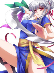 Rule 34 | 1girl, blush, chinese clothes, hair ribbon, hair up, highres, leg up, looking at viewer, monety, open mouth, original, red eyes, ribbon, short hair, short sleeves, sidelocks, silver hair, solo, sword, weapon