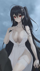Rule 34 | 1girl, absurdres, azur lane, bad id, bad pixiv id, bare shoulders, black hair, blurry, breasts, collarbone, depth of field, dress, earrings, evening gown, garter straps, grey sky, hair ornament, hand up, highres, jewelry, large breasts, long hair, official alternate costume, one side up, outdoors, plunging neckline, red eyes, renge (730), side slit, skindentation, sky, solo, taihou (azur lane), taihou (temptation on the sea breeze) (azur lane), thighhighs, very long hair, white dress, white thighhighs