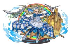 Rule 34 | 1girl, animal, bird, blonde hair, blue eyes, blue pantyhose, boat, boots, branch, cow, dress, elephant, flower, frilled dress, frills, hair flower, hair ornament, hairband, horse, jpeg artifacts, lace-up sleeves, long hair, long sleeves, noah&#039;s ark, noah (p&amp;d), official art, pantyhose, puffy long sleeves, puffy sleeves, puzzle &amp; dragons, rainbow, rhinoceros, ribbon, rose, solo, water, watercraft, white dress, white flower, white footwear, white rose
