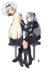 Rule 34 | 2girls, ak-12 (girls&#039; frontline), an-94 (girls&#039; frontline), b:ga, bad id, bad pixiv id, black footwear, black gloves, blue eyes, blush, braid, closed eyes, french braid, girls&#039; frontline, gloves, hair ribbon, hairband, hand on another&#039;s cheek, hand on another&#039;s face, highres, long hair, midriff, multiple girls, platinum blonde hair, ribbon, sidelocks, silver hair, sitting, stool, tactical clothes, thighs