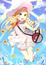 Rule 34 | 1girl, :d, absurdres, armpits, artist name, azit (down), bag, bare arms, bare shoulders, blonde hair, blue sky, blunt bangs, braid, breasts, cloud, collarbone, collared dress, creatures (company), day, dress, duffel bag, flower, full body, game freak, green eyes, hat, highres, knees together feet apart, lillie (pokemon), long hair, looking at viewer, nintendo, open mouth, petals, poke ball theme, pokemon, pokemon sm, see-through, shoes, sky, sleeveless, sleeveless dress, small breasts, smile, solo, sun, sun hat, sundress, sunflower, sunlight, teeth, twin braids, water drop, white dress, white footwear, white hat, wing collar