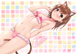 Rule 34 | 1girl, :&lt;, animal ears, arm behind back, bikini, blush, breasts, brown eyes, brown hair, cat ears, cat tail, cleavage, closed mouth, collarbone, commentary request, frilled bikini, frills, front-tie top, hair ornament, twirling hair, hairpin, isshi pyuma, looking at viewer, misaka mikoto, navel, pink bikini, short hair, signature, small breasts, solo, spiked hair, swimsuit, tail, toaru kagaku no railgun, toaru majutsu no index