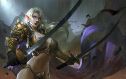 Rule 34 | 1girl, absurdres, armor, bikini armor, bird, blue cape, blue eyes, breasts, cape, cg-d, cleavage, closed mouth, dual wielding, elf, gloves, highres, holding, holding weapon, large breasts, long hair, looking at viewer, md5 mismatch, mountain, navel, original, outdoors, pointy ears, resolution mismatch, shoulder pads, skull, solo, source smaller, stomach, stone, sword, thong, underwear, unsheathed, wavy hair, weapon, white hair