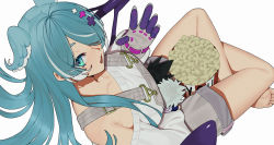 Rule 34 | 1girl, :3, aqua eyes, barefoot, blue hair, blue wings, breasts, collarbone, doll, dragon girl, elira pendora, elira pendora (1st costume), food, from above, gloves, grey gloves, grey overalls, hair ornament, hair over one eye, head wings, highres, indian style, karassawa, large breasts, long hair, looking at viewer, looking up, low wings, nijisanji, nijisanji en, off shoulder, one eye covered, open mouth, overall shorts, overalls, popcorn, simple background, single glove, sitting, smile, soles, solo, sweater, toes, virtual youtuber, white background, white sweater, wings, x hair ornament