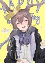 Rule 34 | 1girl, :d, amiya (arknights), animal ears, arknights, black jacket, blush, brown hair, cake, cake slice, character name, closed eyes, commentary, cream, crown, english commentary, facing viewer, food, food on face, grey shirt, hair between eyes, happy, happy birthday, head tilt, hood, hood down, jacket, long hair, long sleeves, open clothes, open jacket, open mouth, paper crown, plate, rabbit ears, rabbit girl, reach far away (viuooczy), shirt, sidelocks, sketch, smile, solo, teeth, unfinished, upper body, upper teeth only, yellow background