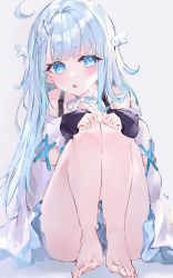 Rule 34 | 1girl, absurdres, ahoge, amatsuka uto, barefoot, blue eyes, blue hair, highres, indie virtual youtuber, legs together, long hair, long sleeves, looking at viewer, mile (off8mile), parted lips, signature, sitting, solo, virtual youtuber