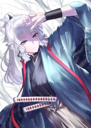 Rule 34 | 1girl, absurdres, black kimono, breasts, earrings, fate/samurai remnant, fate (series), green eyes, green kimono, hakama, hakama skirt, highres, japanese clothes, jewelry, katana, kimono, long hair, long sleeves, medium breasts, ponytail, shao (newton), sidelocks, skirt, solo, sword, weapon, white hair, white hakama, wide sleeves, yui shousetsu (fate)