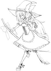 Rule 34 | 1girl, apron, bow, braid, broom, curiosities of lotus asia, greyscale, hair bow, hat, hat bow, highres, kirisame marisa, long hair, looking at viewer, mini-hakkero, monochrome, open mouth, single braid, solo, suzushoku hiro, touhou, very long hair, witch, witch hat, wrist cuffs