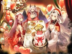 Rule 34 | 3girls, absurdres, azur lane, balloon, bare shoulders, blush, box, breasts, cake, choker, christmas cake, christmas ornaments, closed mouth, commentary request, company connection, company name, copyright name, cup, dress, feathered wings, feathers, fingerless gloves, food, fork, fur trim, gift, gift box, gloves, hair ornament, hat, highres, holding, holding cup, indoors, joffre (azur lane), la galissonniere (azur lane), logo, long hair, looking at viewer, marseillaise (azur lane), medium breasts, multiple girls, official art, parted lips, pink hair, plate, pom pom (clothes), purple eyes, red eyes, salad, santa hat, simple background, sitting, sleeveless, smile, table, twintails, white hair, wide sleeves, wings, yohaku