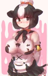 Rule 34 | 1girl, animal ears, animal print, black eyes, black hair, blush, bow, bowtie, cow ears, cow girl, cow print, cow tail, elbow gloves, extra ears, gloves, highres, holstein friesian cattle (kemono friends), kemono friends, looking at viewer, multicolored hair, okyao, pink background, ribbon, short hair, simple background, skirt, sleeveless, solo, tail, tank top, two-tone hair, white hair