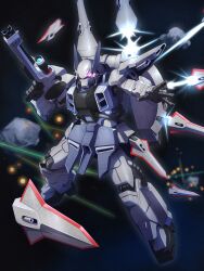 Rule 34 | absurdres, asteroid, beam rifle, commentary request, energy gun, funnels (gundam), glowing, glowing eye, gun, gundam, gundam msv, gundam seed, gundam seed destiny, highres, holding, holding gun, holding weapon, laser, looking to the side, mecha, mobile suit, no humans, one-eyed, open hand, outstretched arm, providence zaku, purple eyes, robot, science fiction, siratori (yy 203), solo, space, weapon