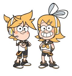 1boy 1girl black_sailor_collar black_shorts black_sleeves blonde_hair bow cartoonized crossed_arms detached_sleeves gravity_falls hair_bow hair_ornament hairpin headset kagamine_len kagamine_rin lumi_nela multiple_hairpins neckerchief necktie parody sailor_collar shirt short_hair short_sleeves shorts siblings sleeveless sleeveless_shirt smile spiked_hair style_parody toon_(style) twins white_bow white_footwear white_shirt yellow_neckerchief yellow_necktie yellow_trim