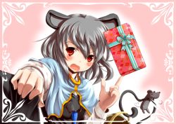 Rule 34 | 1girl, animal ears, basket, blush, clothes grab, fang, female focus, gift, grey hair, highres, irusu, mouse (animal), mouse ears, mouse tail, nazrin, open mouth, red eyes, short hair, solo, tail, touhou, tsundere